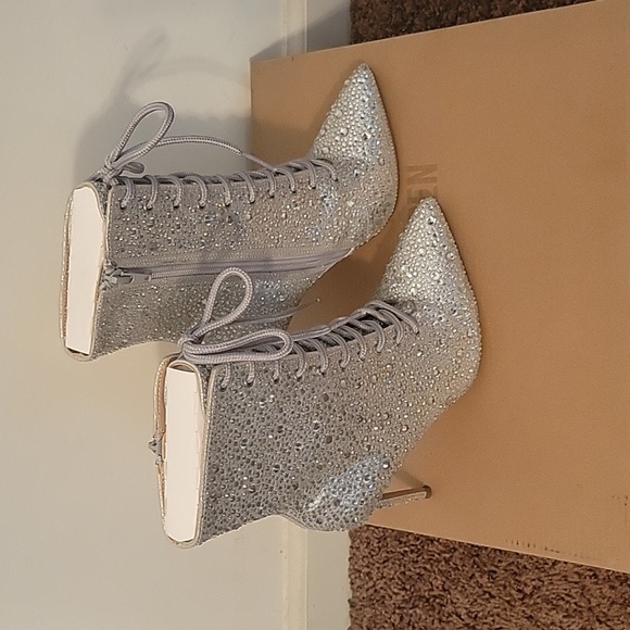 Steve Madden Blingy Valency Rhinestone Stilletto Heel Zip and Lace-Up Booties - Picture 8 of 16